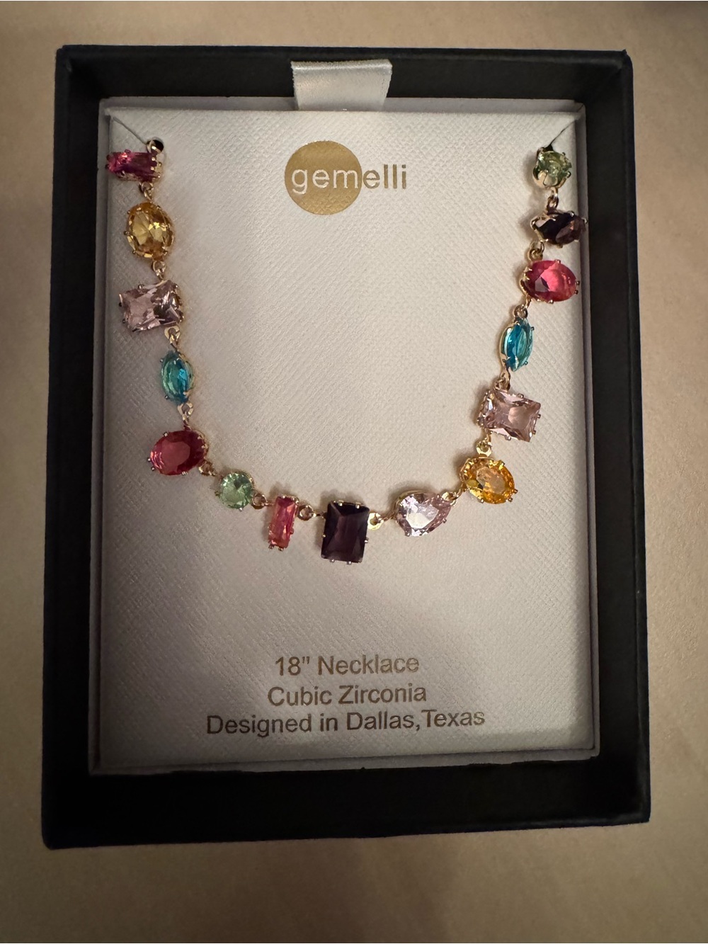 NWT Gemelli Rainbow Multicolor Gemstone Crystals 18” Gold Tone Cocktail Necklace
